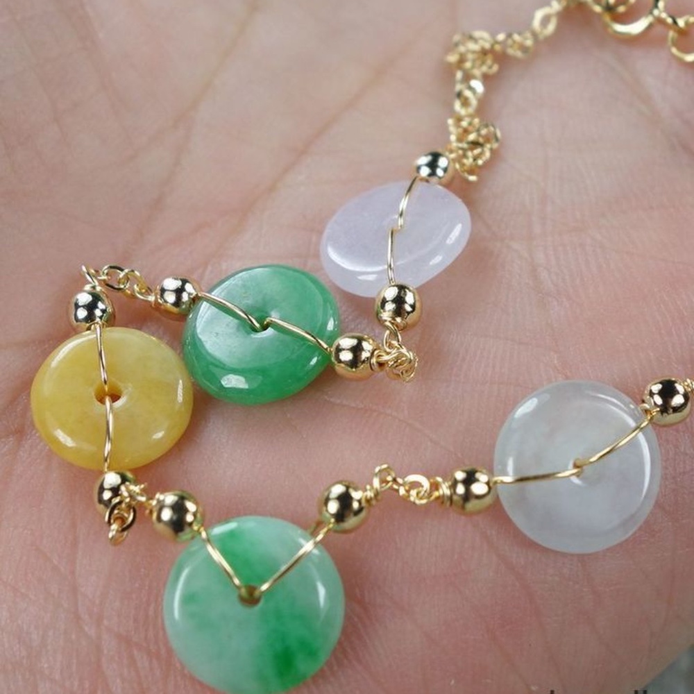 Certified Green+Purple+white+yellow 100% Natural A Jadeite jade Bracelet 14K手链